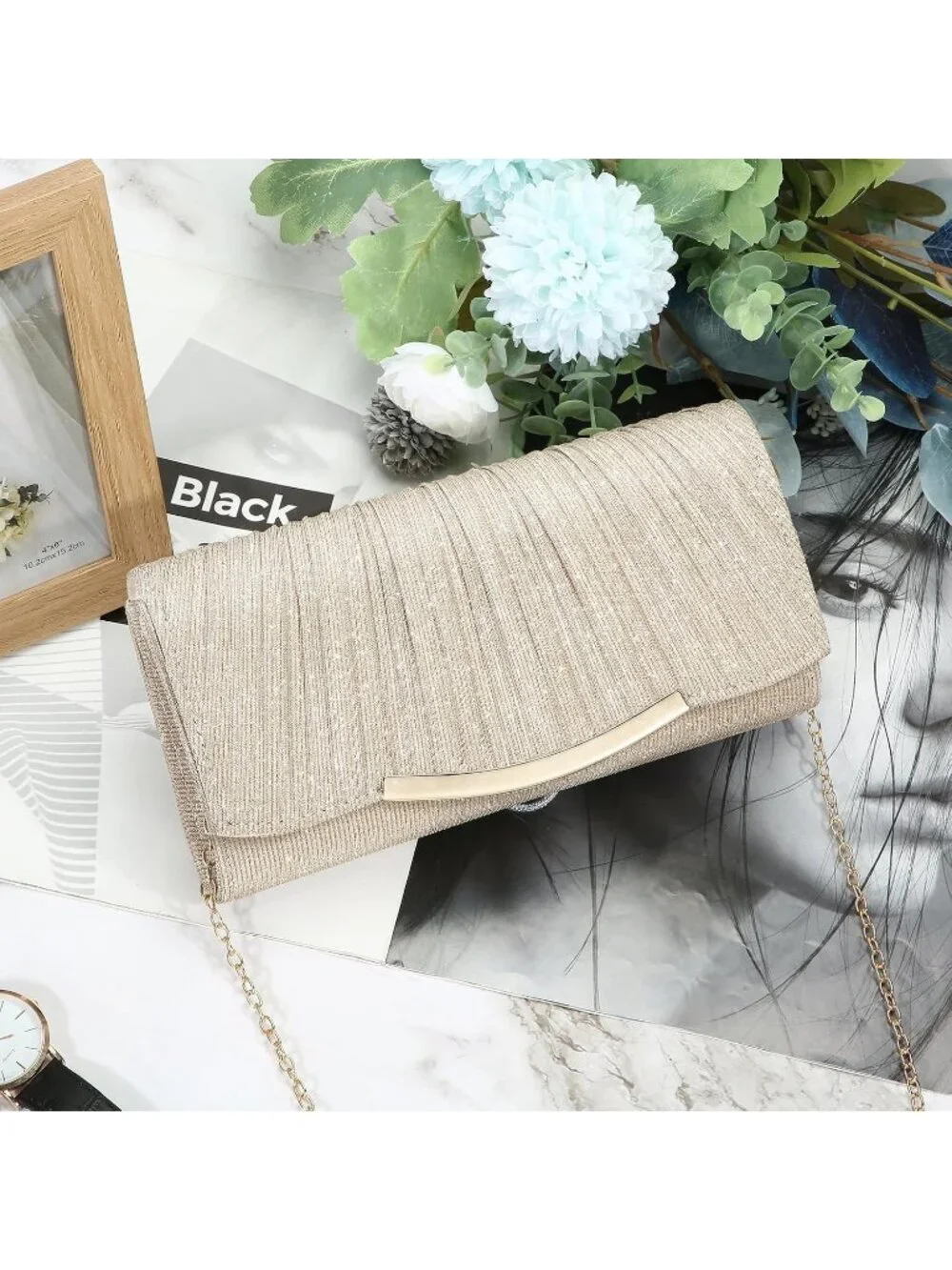 Women's Champagne B Clutch Purse Formal Evening Bag Wedding Party Handbag